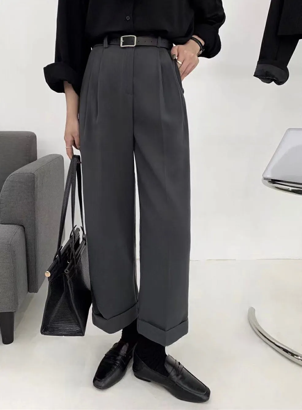 [Korean Style] 4 Color High Waist Wide Leg Straight Cropped Trousers