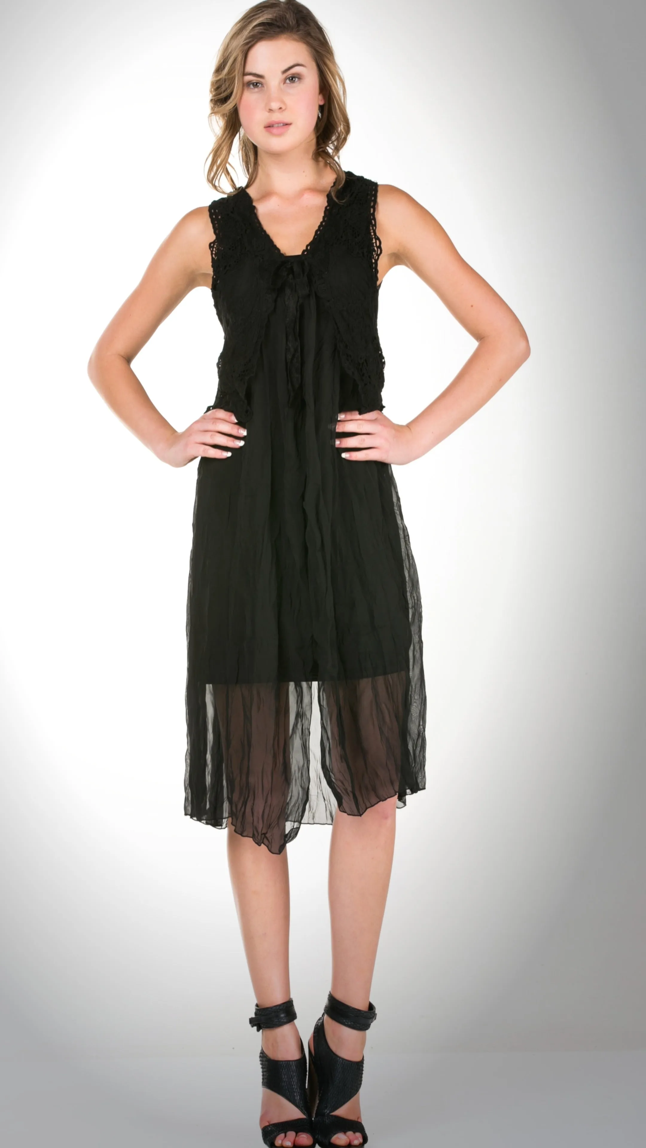 Lace Chiffon Long Lace Vest with lace tie on the chest