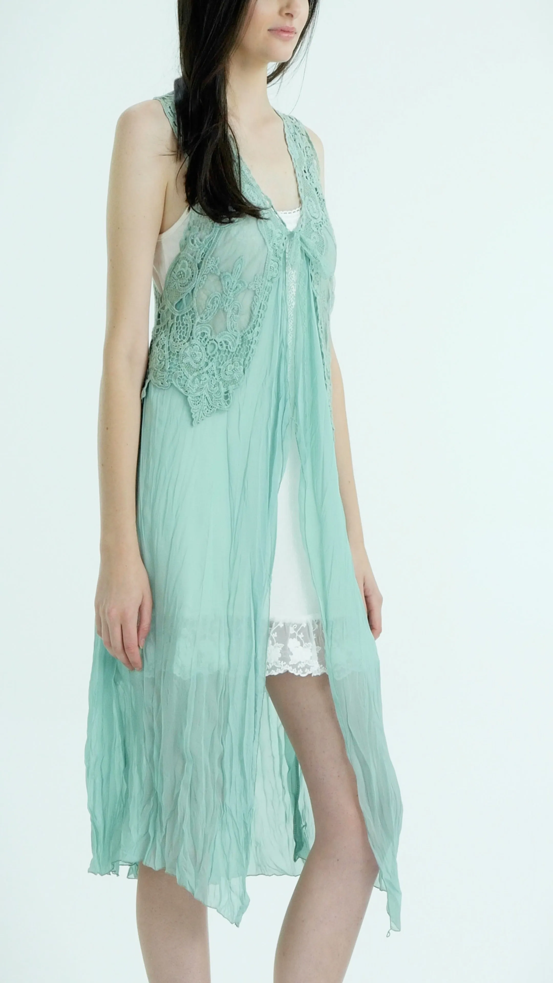 Lace Chiffon Long Lace Vest with lace tie on the chest
