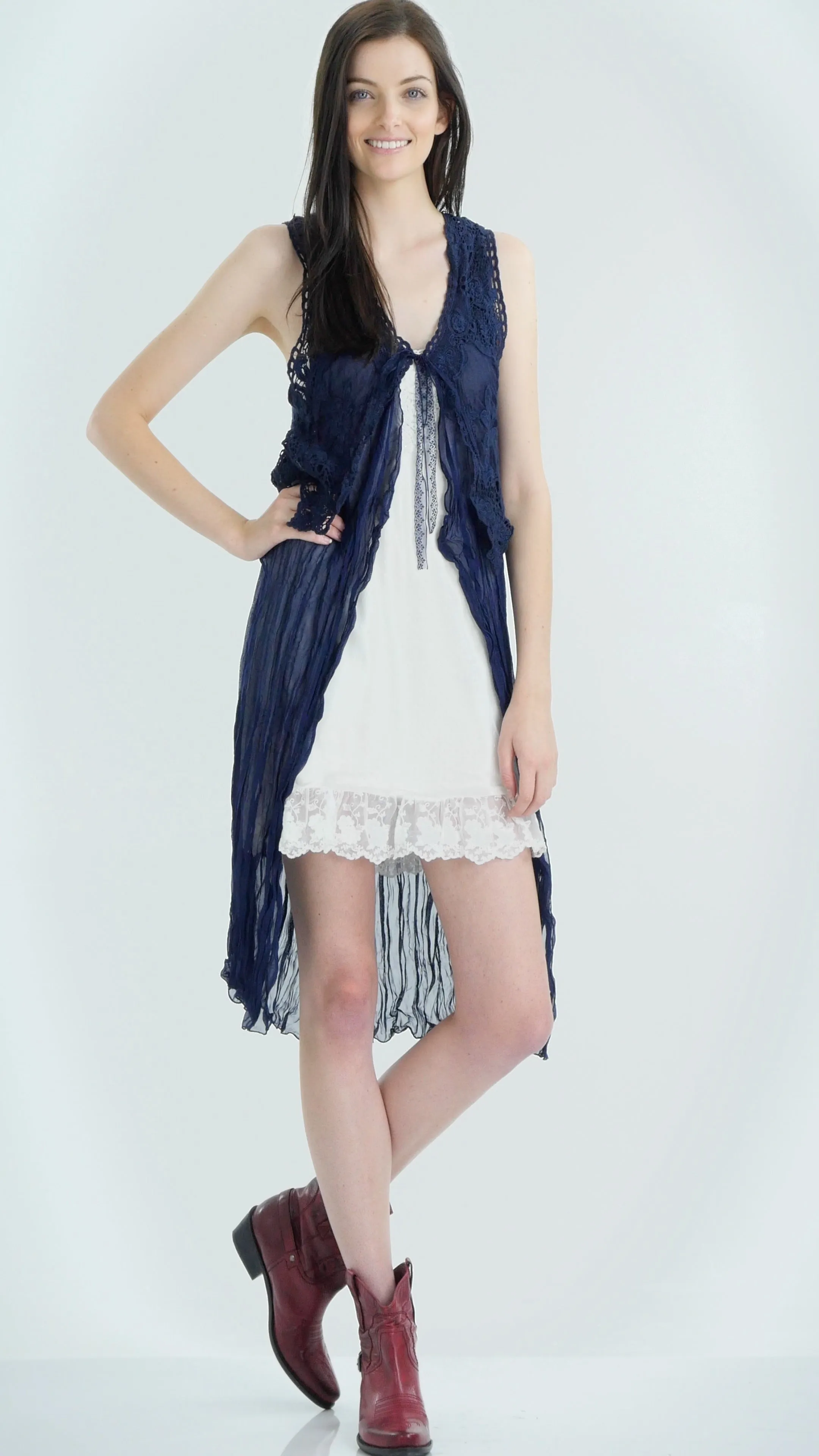 Lace Chiffon Long Lace Vest with lace tie on the chest