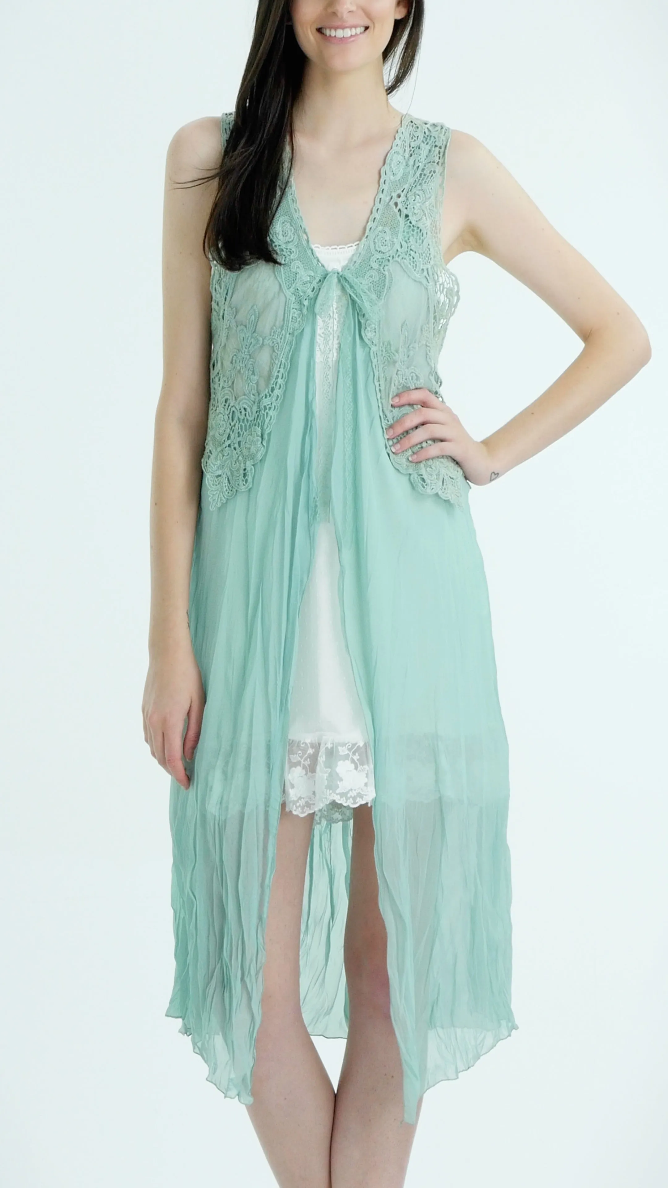Lace Chiffon Long Lace Vest with lace tie on the chest