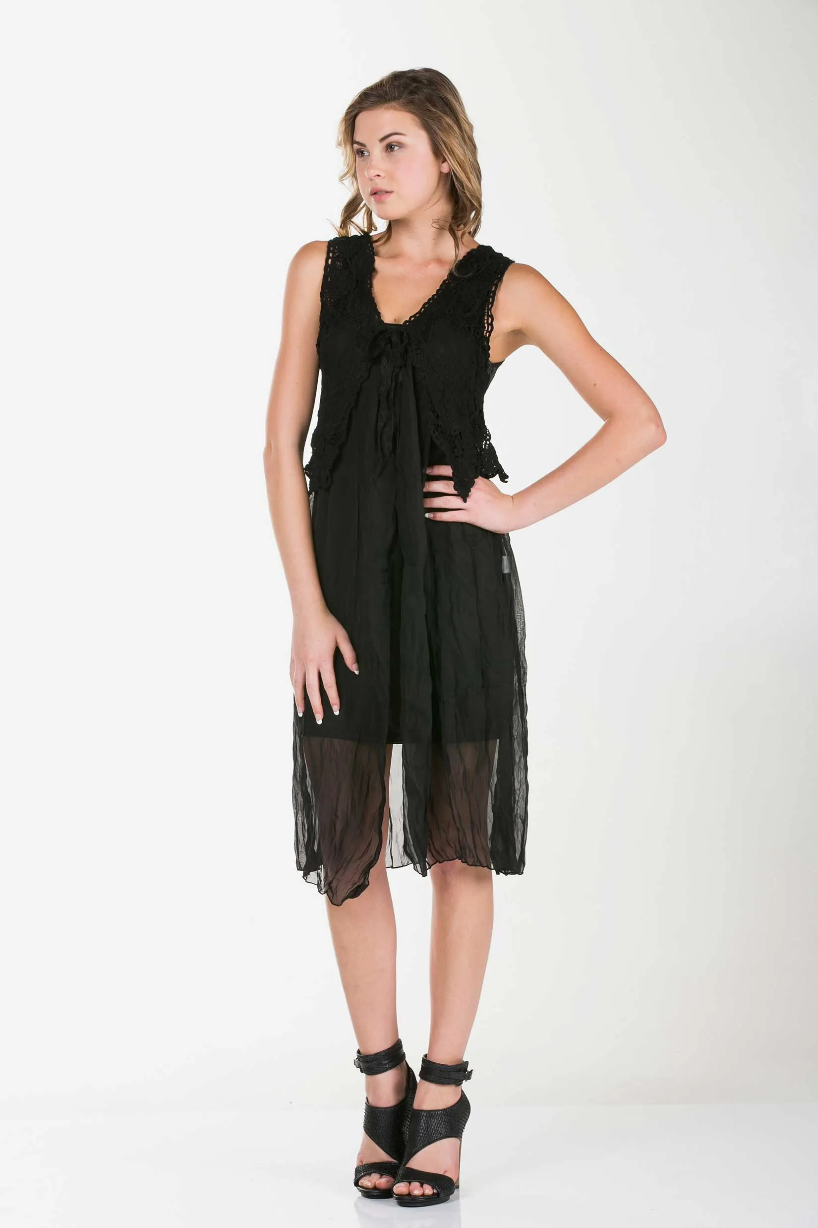 Lace Chiffon Long Lace Vest with lace tie on the chest