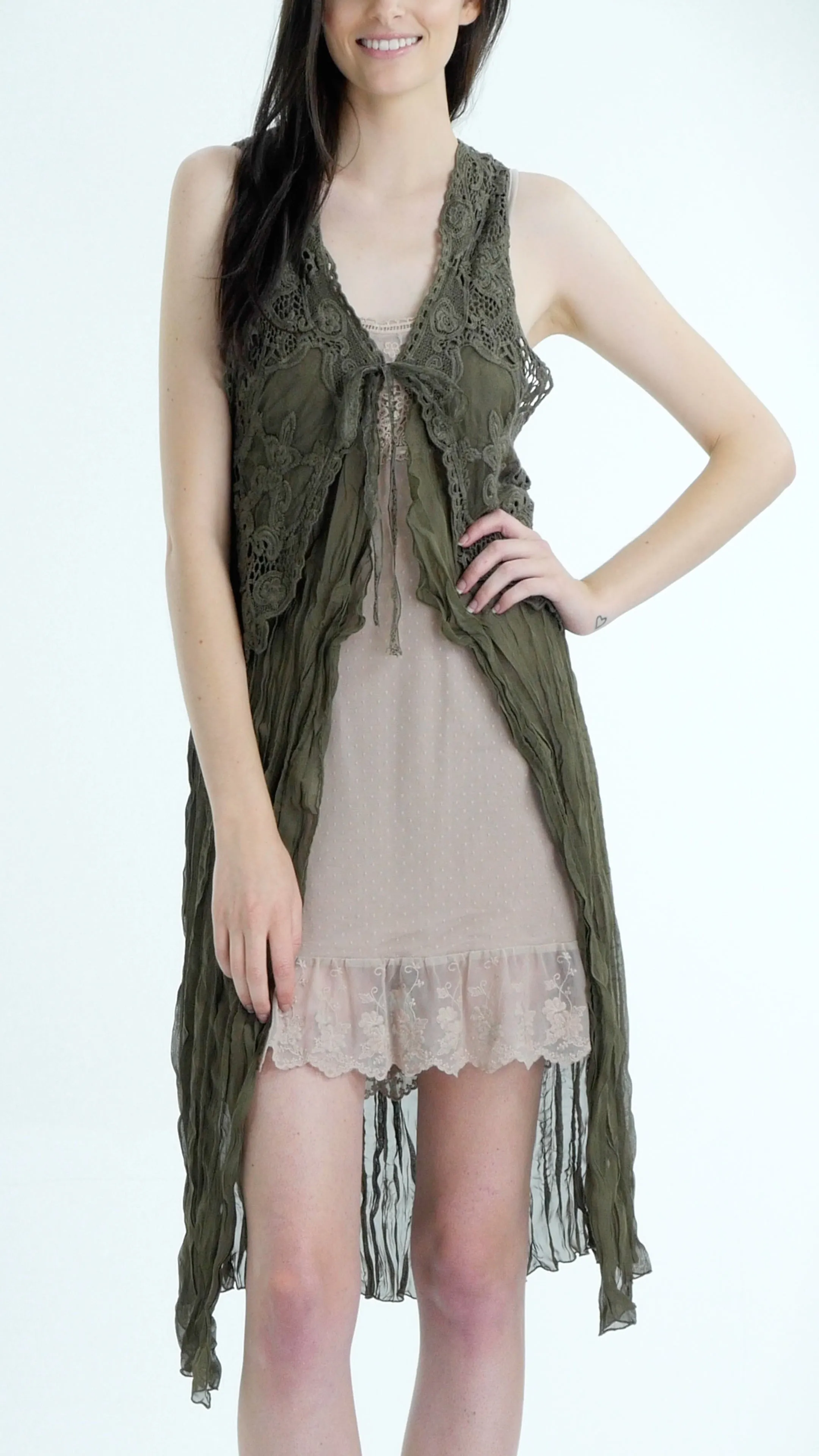 Lace Chiffon Long Lace Vest with lace tie on the chest