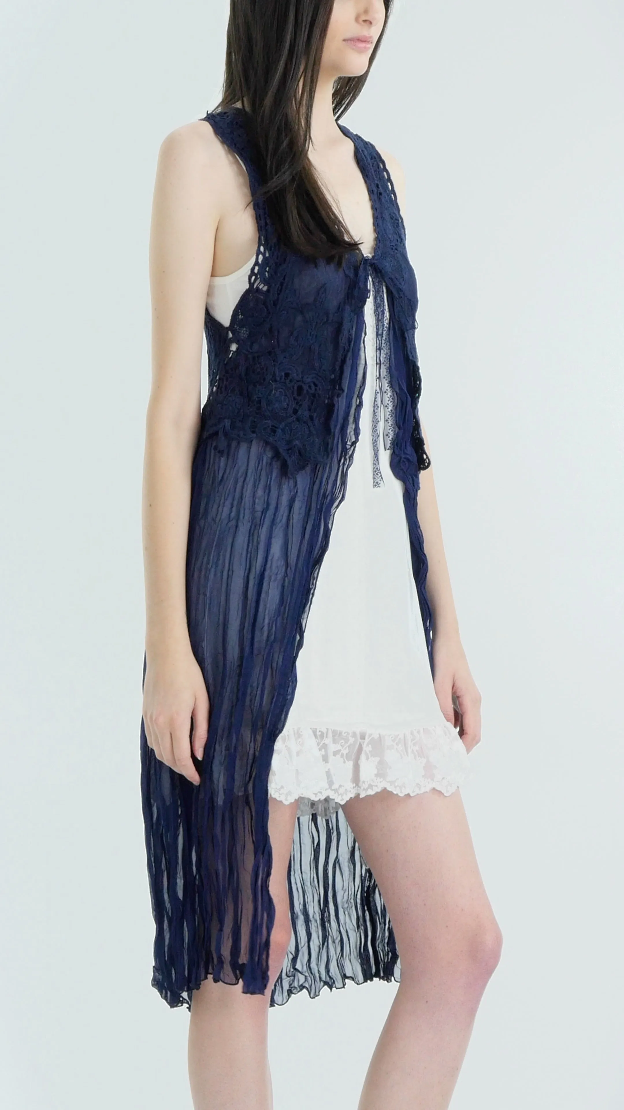 Lace Chiffon Long Lace Vest with lace tie on the chest