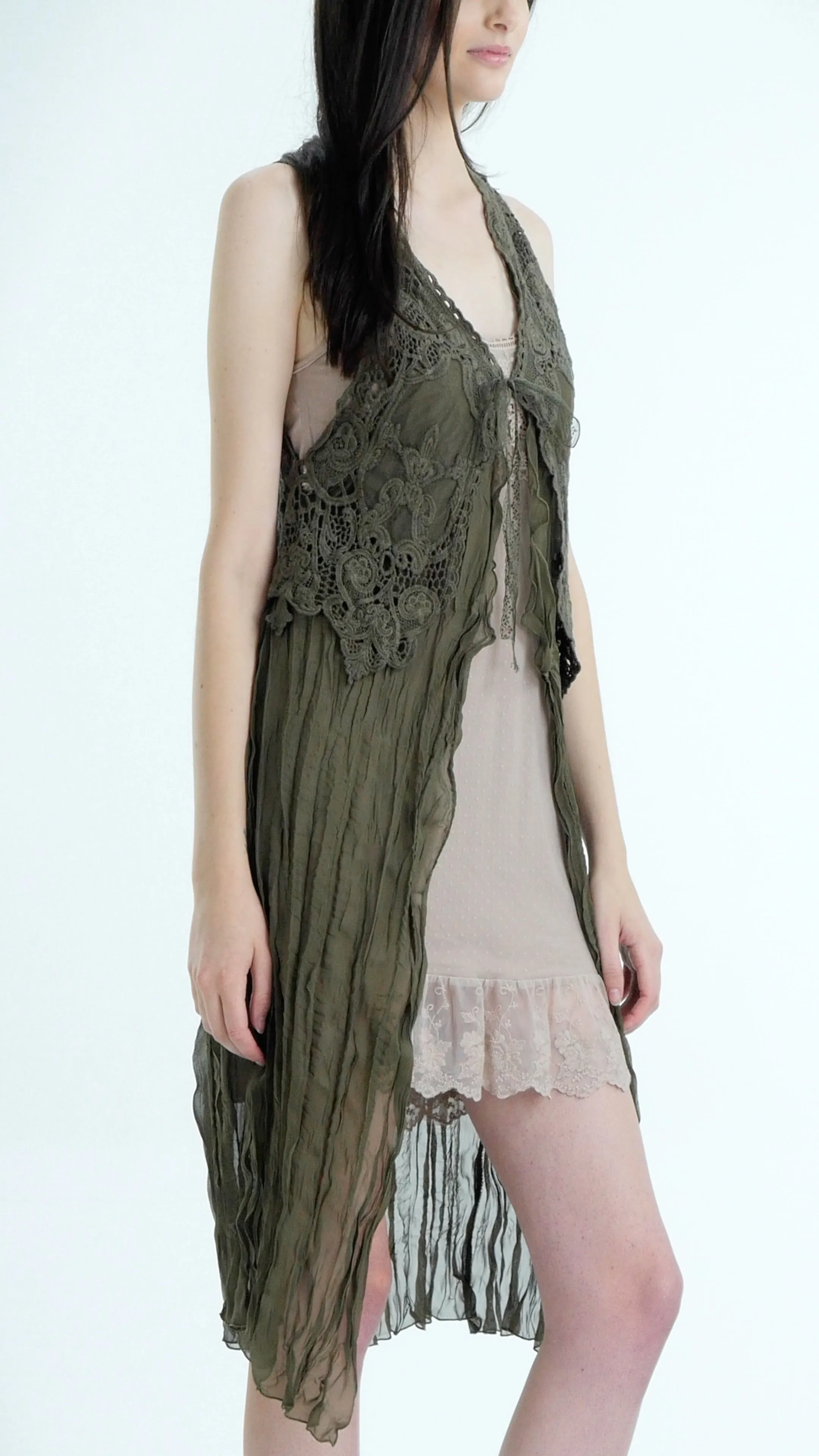Lace Chiffon Long Lace Vest with lace tie on the chest