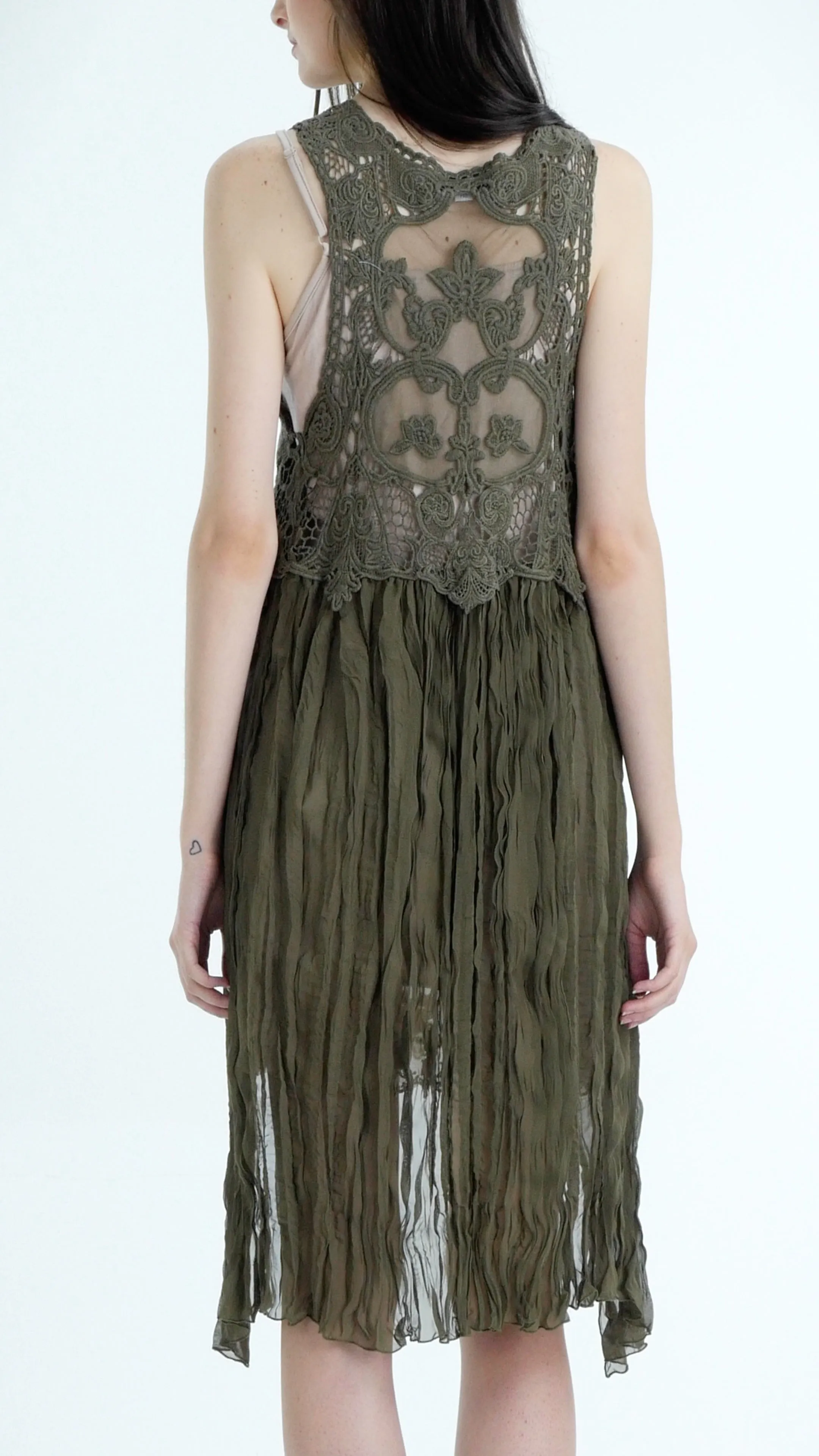 Lace Chiffon Long Lace Vest with lace tie on the chest