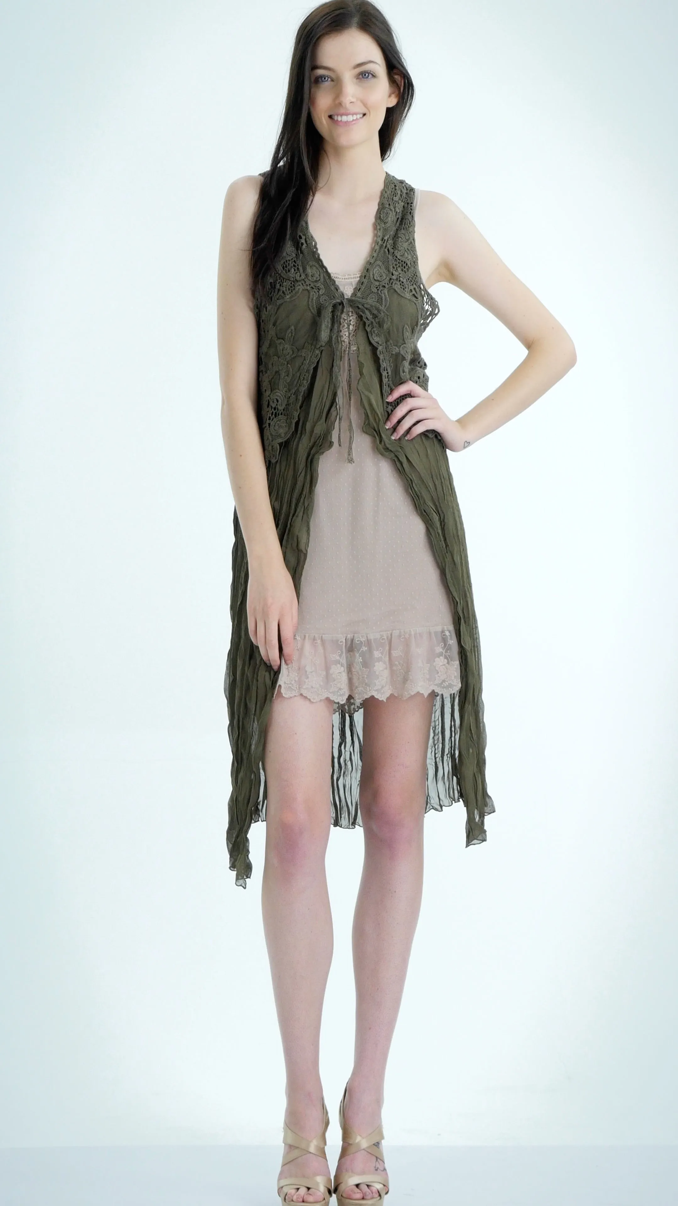 Lace Chiffon Long Lace Vest with lace tie on the chest
