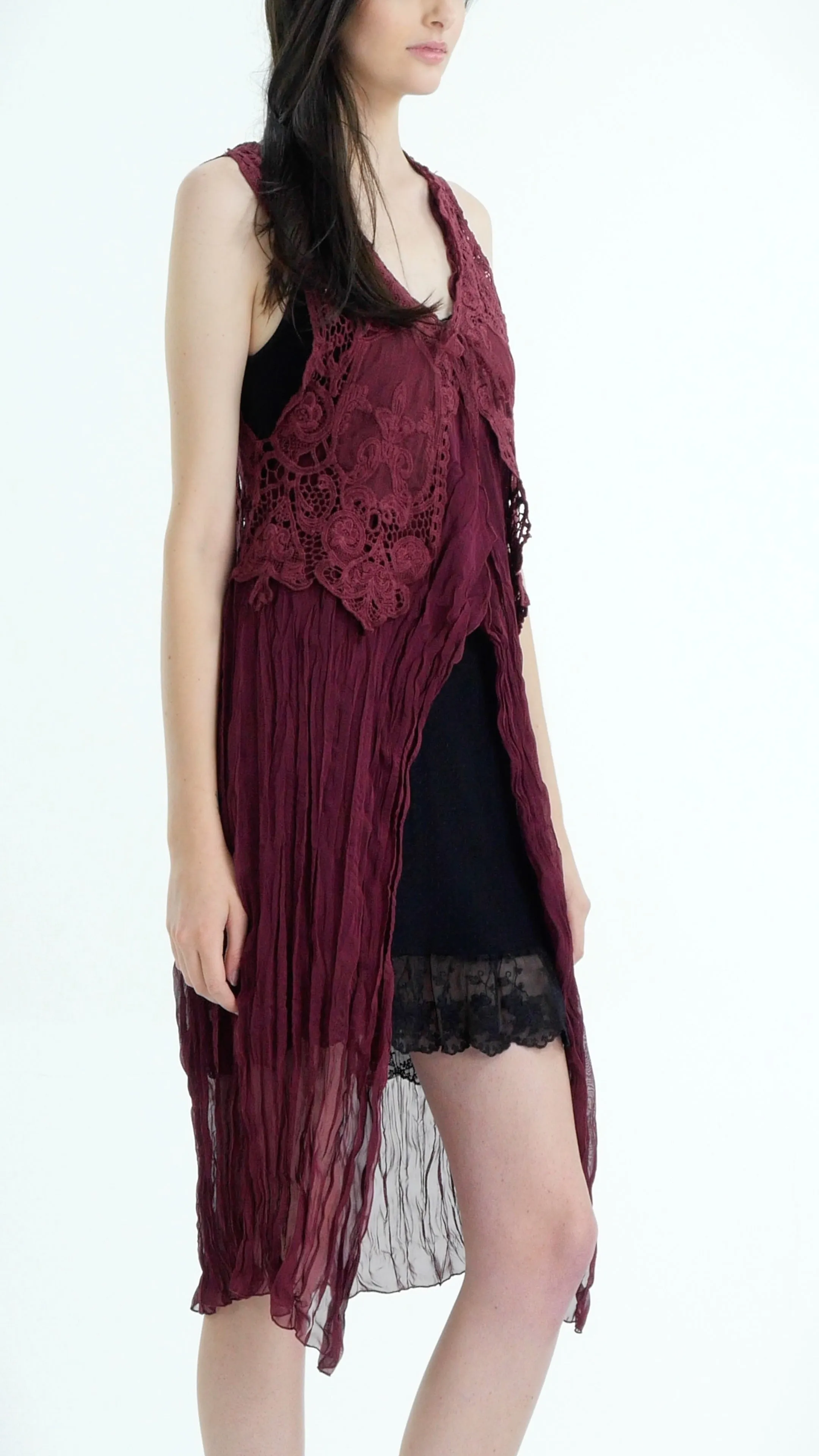 Lace Chiffon Long Lace Vest with lace tie on the chest