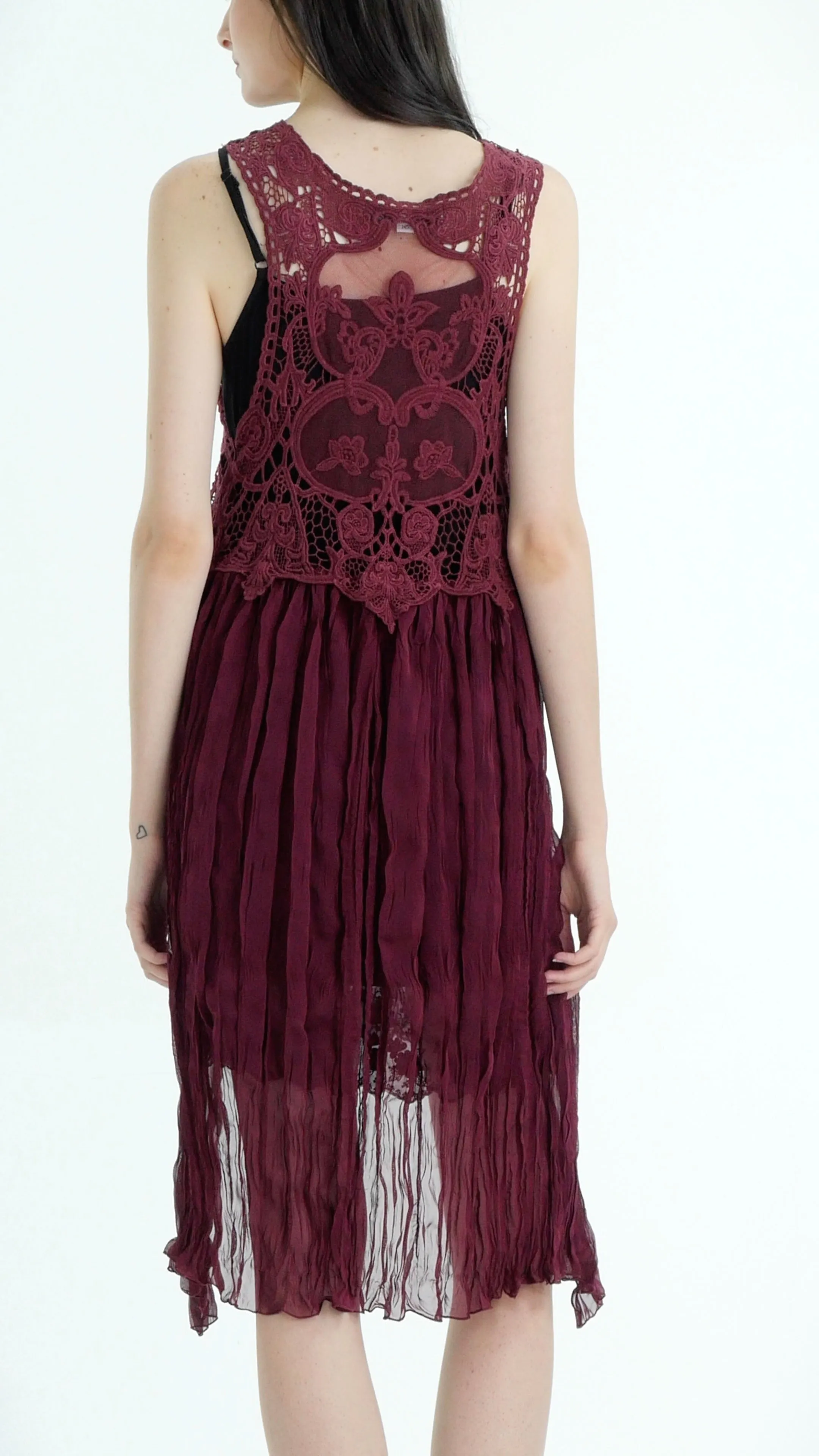 Lace Chiffon Long Lace Vest with lace tie on the chest