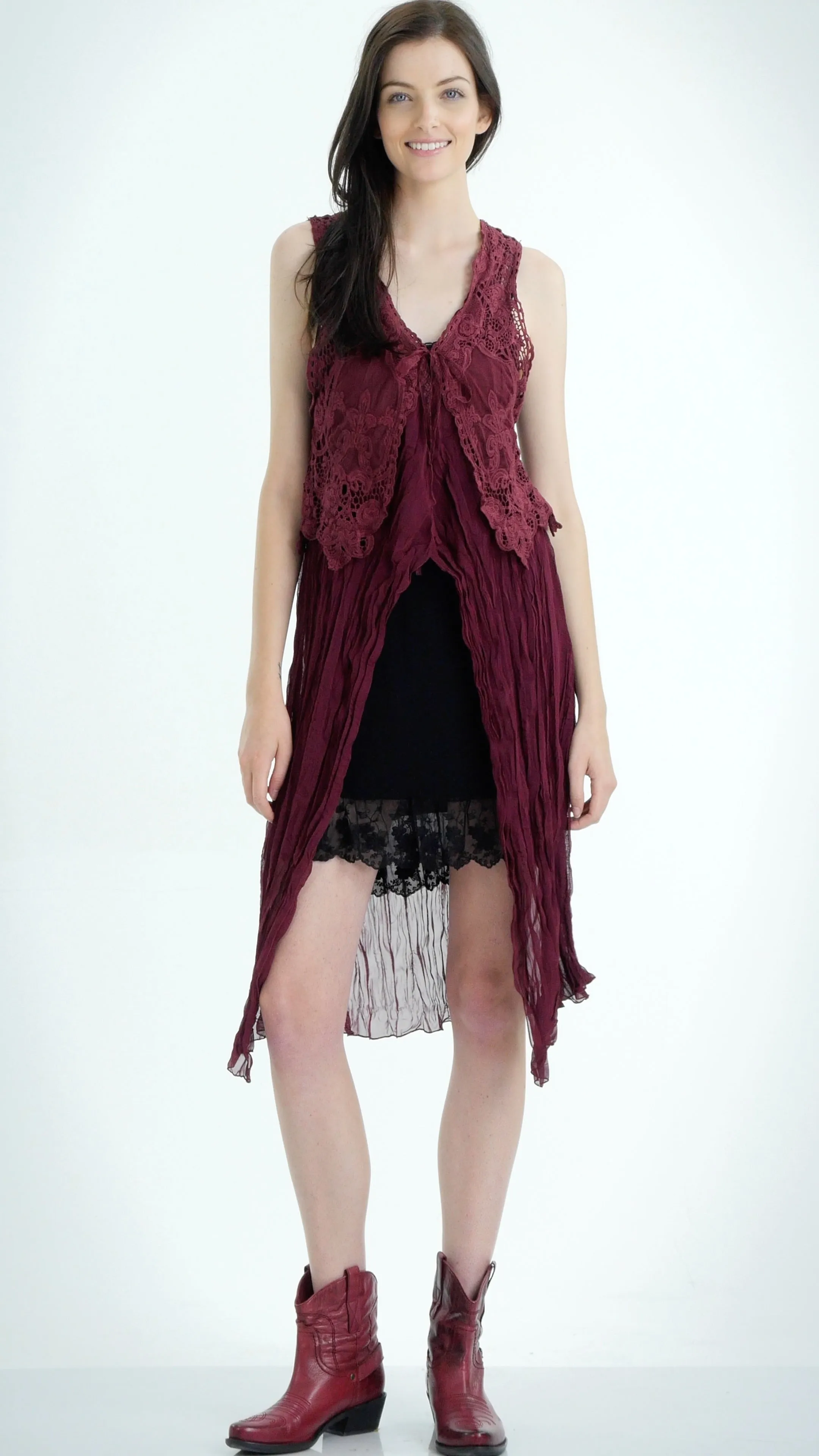 Lace Chiffon Long Lace Vest with lace tie on the chest