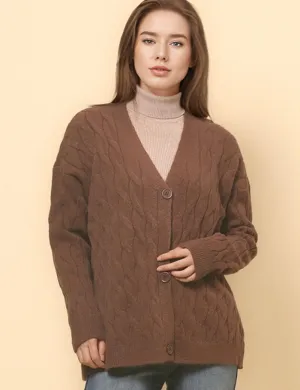 Ladies Solid Color Cable Knit Botton Cardigan SKT4811