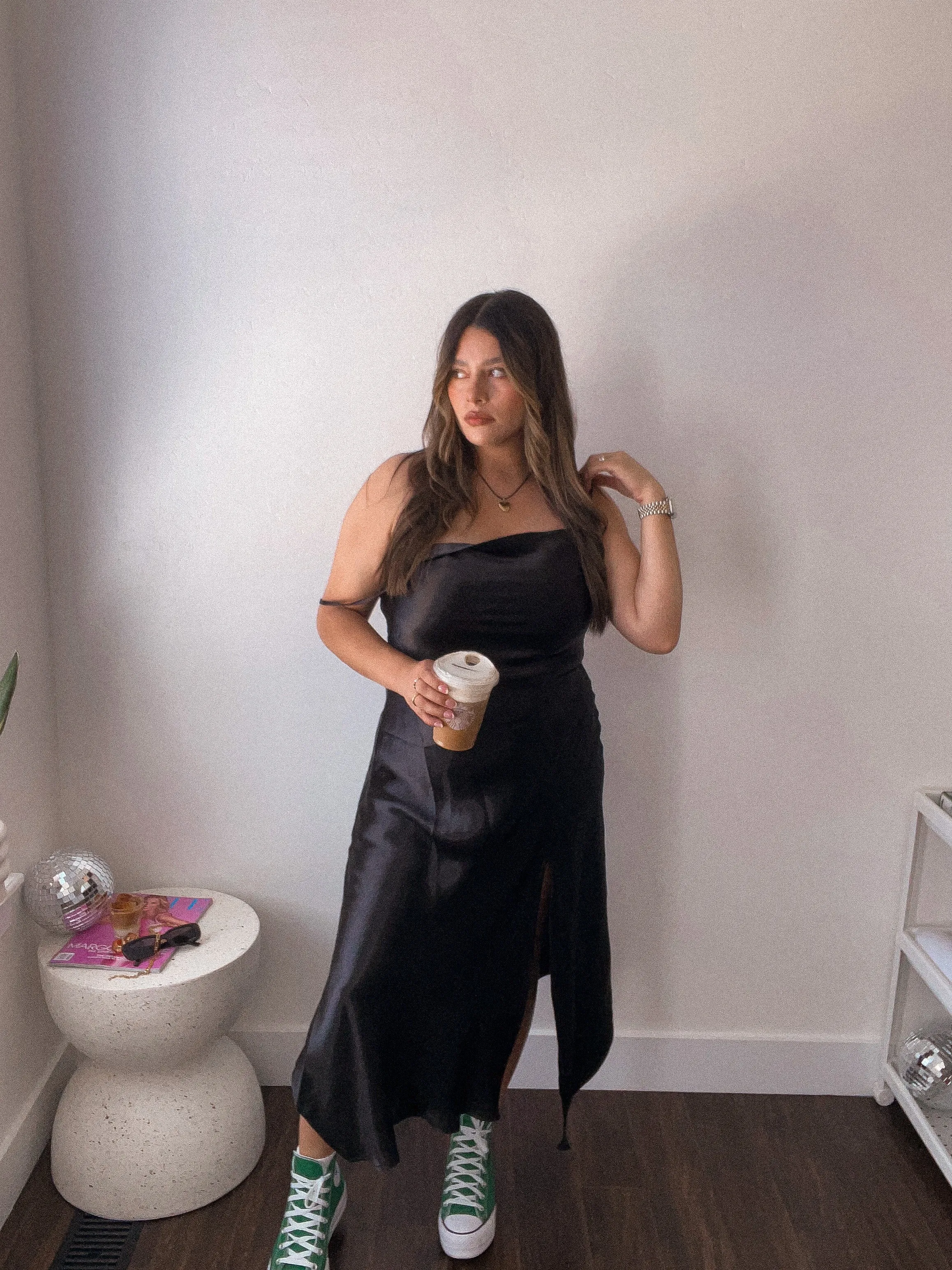 Little Black Satin Slip On Dress