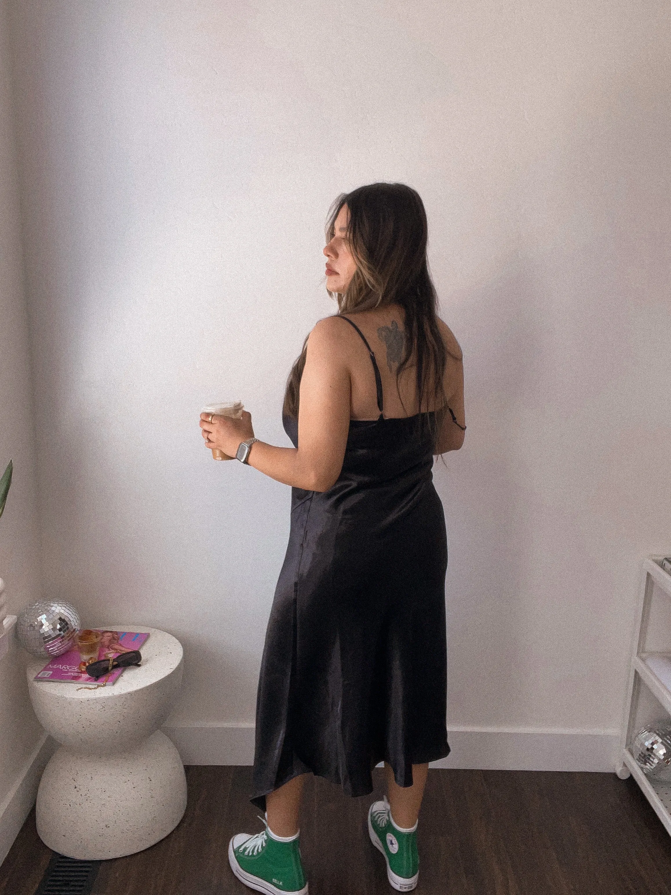 Little Black Satin Slip On Dress