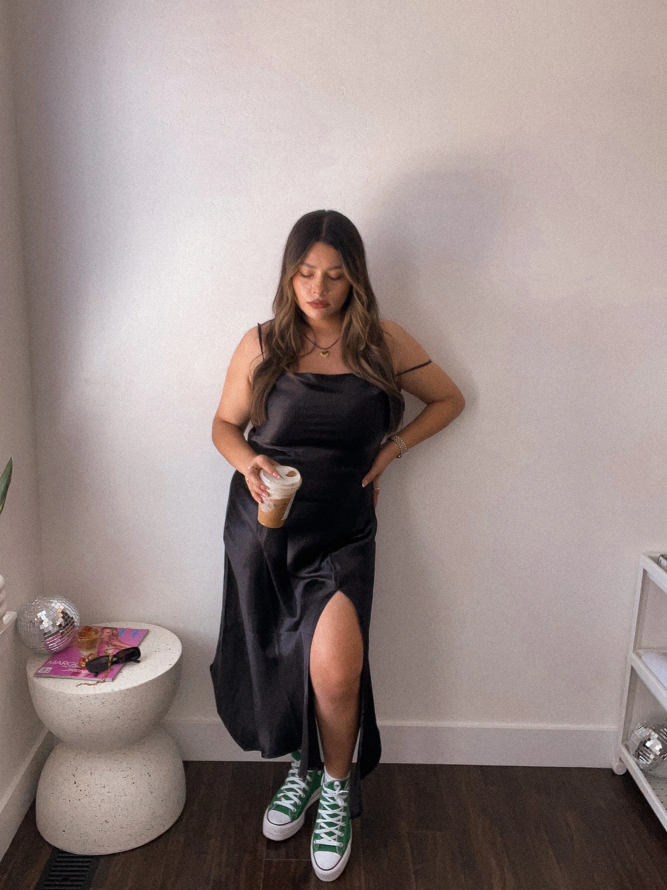 Little Black Satin Slip On Dress