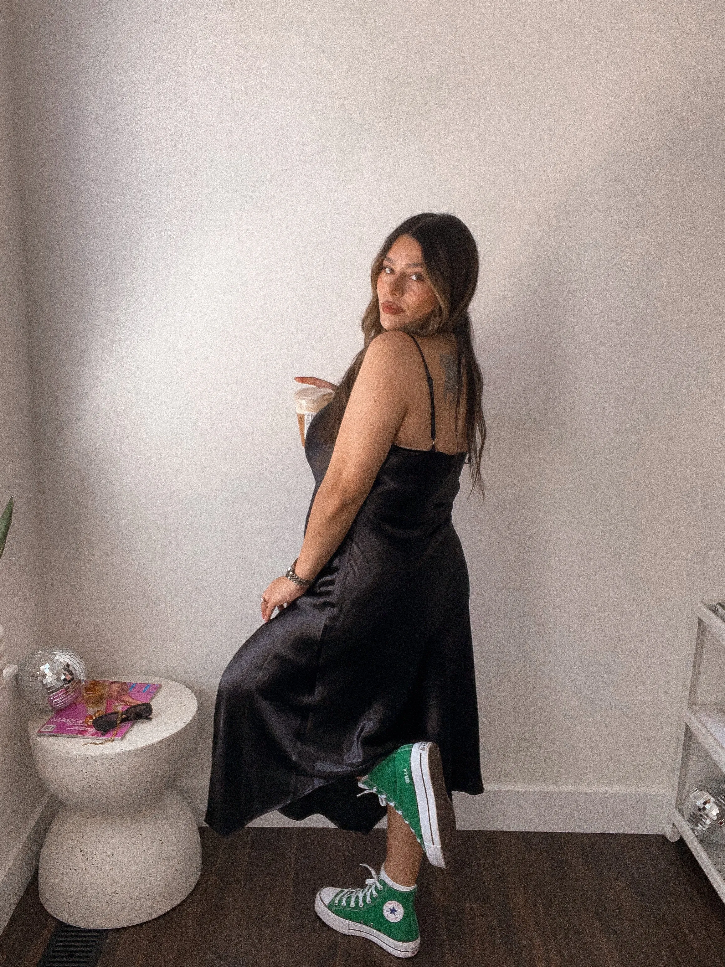 Little Black Satin Slip On Dress