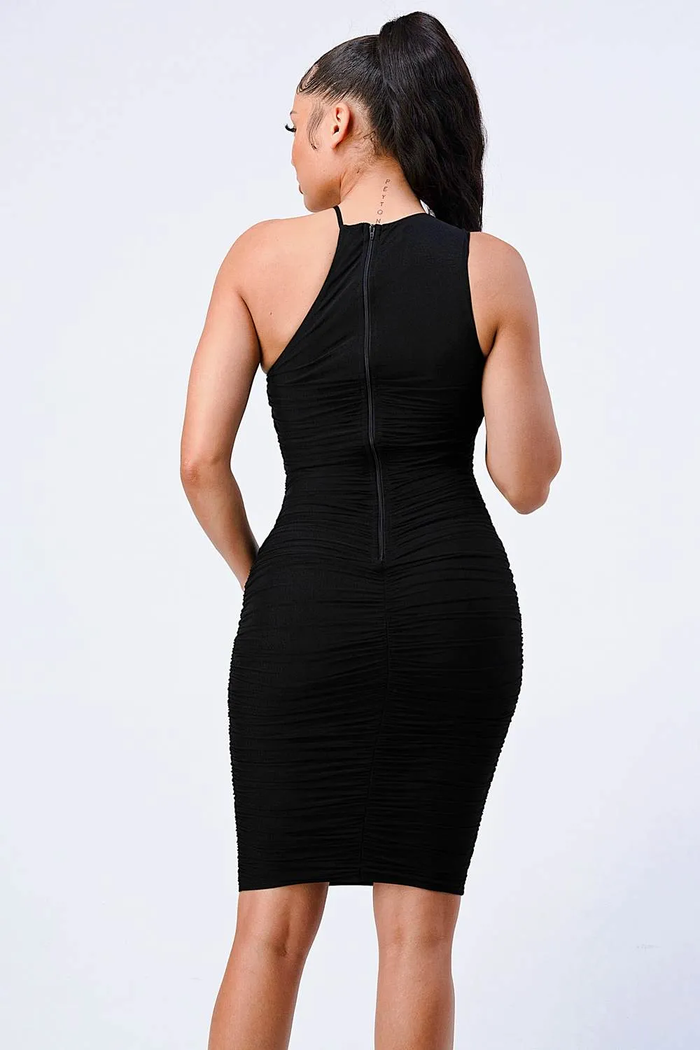 LUX KNIT RIB ASYMMETRICAL SHIRRING BODYCON DRESS