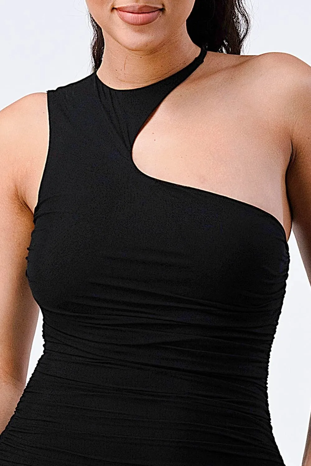 LUX KNIT RIB ASYMMETRICAL SHIRRING BODYCON DRESS
