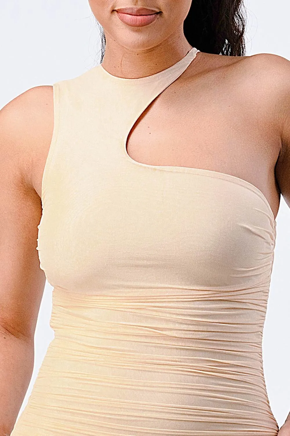 LUX KNIT RIB ASYMMETRICAL SHIRRING BODYCON DRESS