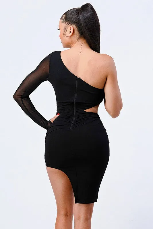 LUX ONE SHOULDER SIDE CUT BELTED DETAIL BODYCON DRESS