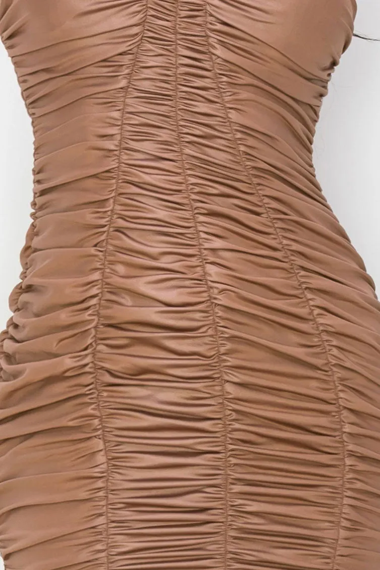 LUX SUPER STRETCH PU RUCHED BODYCON DRESS