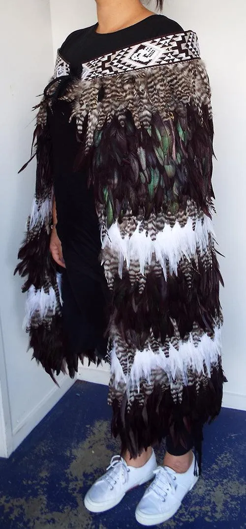 Maori Feather Korowai - Black Brown White and Jade