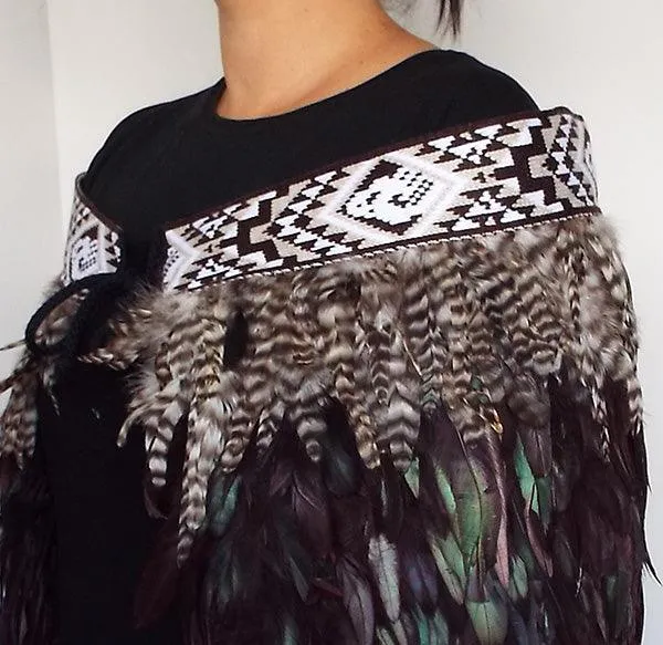 Maori Feather Korowai - Black Brown White and Jade