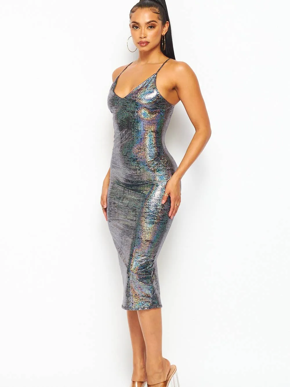 Metallic Foil Bodycon Midi Dress