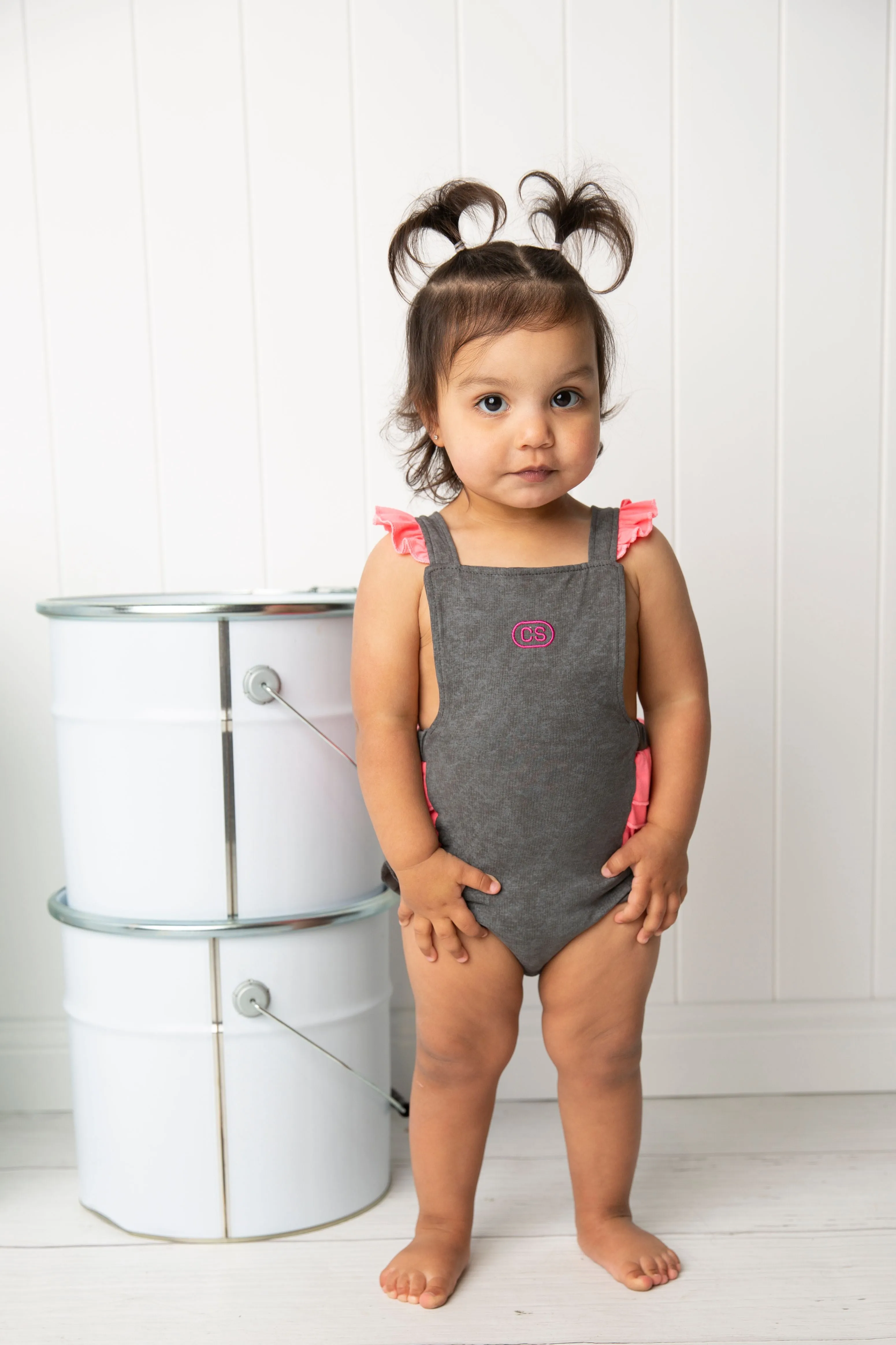 Mila Frill Overall - Grey/Bright Pink