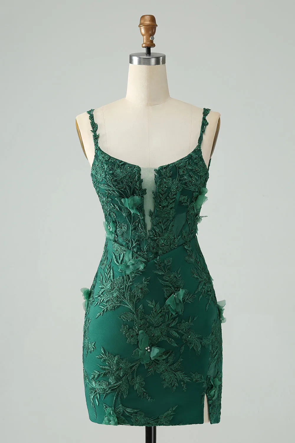 Pretty Green Bodycon Spaghetti Straps Appliques Short Homecoming Dress with Slit