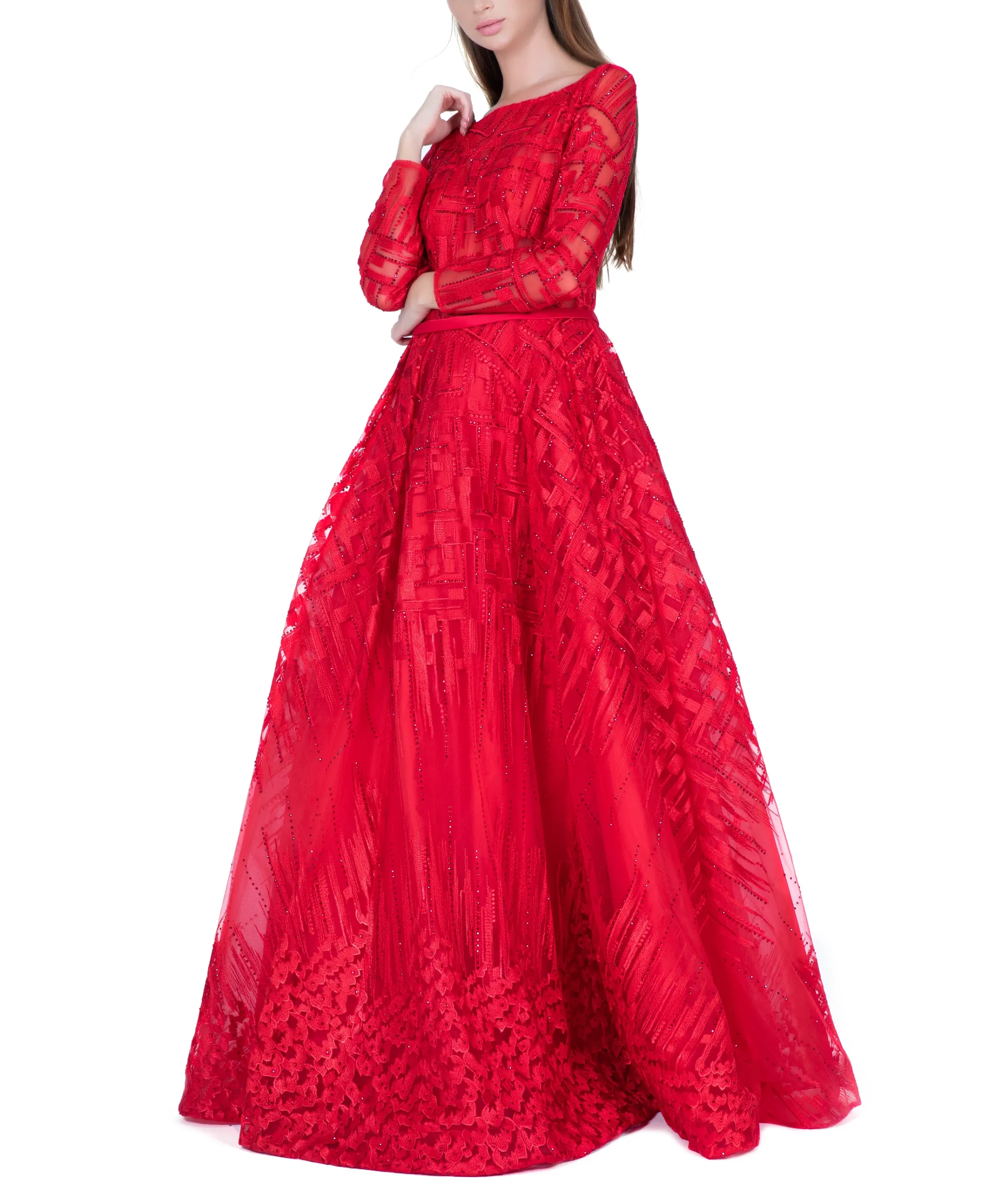 Red Boat Neck Embellished Overall Gown