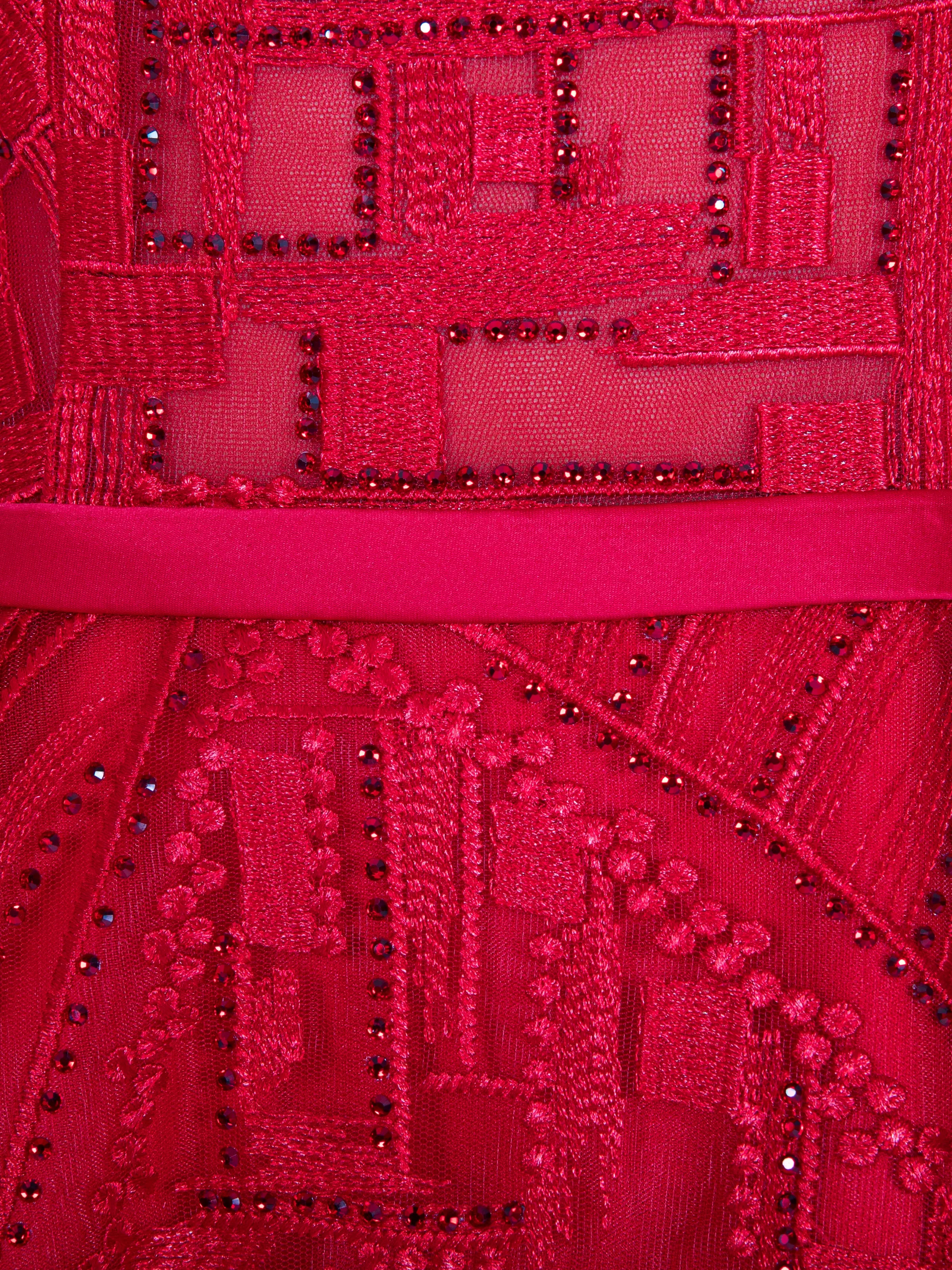 Red Boat Neck Embellished Overall Gown