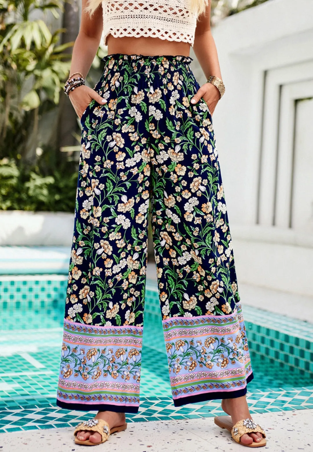 Shirred High Waist Floral Boho Pants