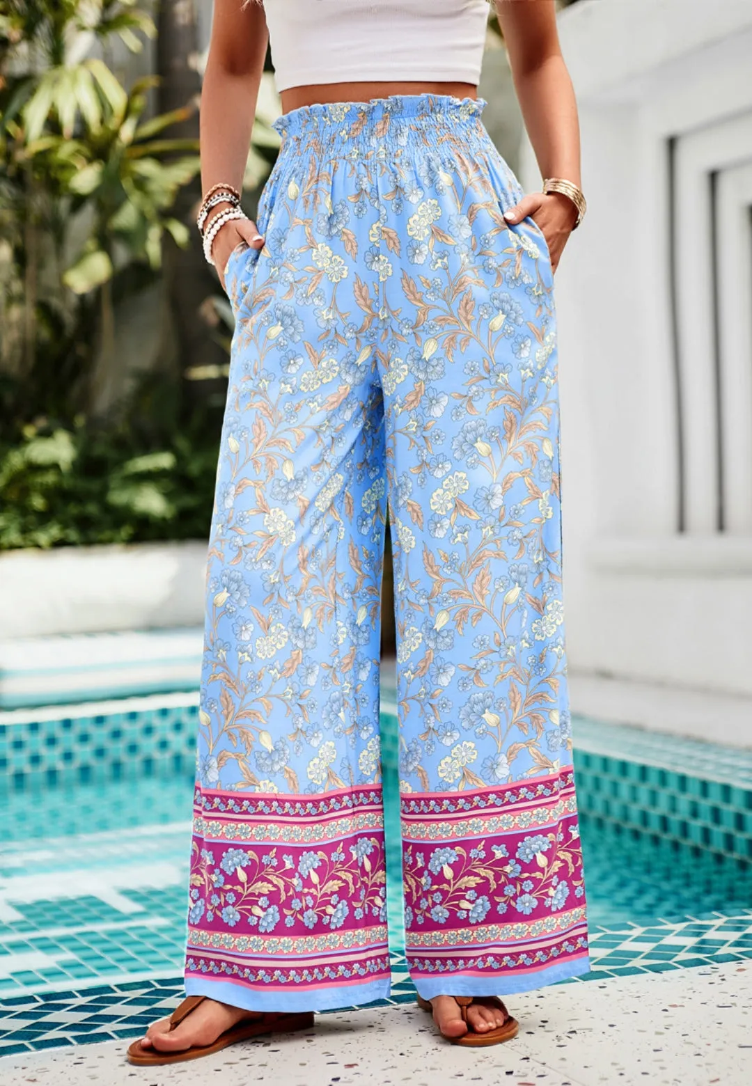 Shirred High Waist Floral Boho Pants
