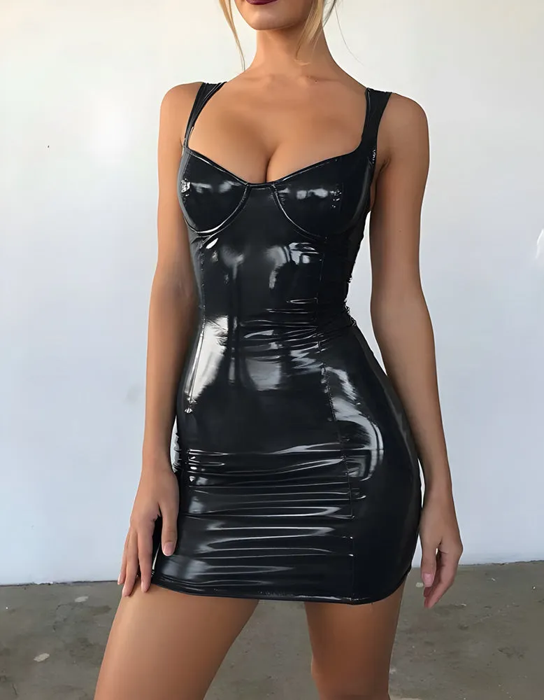 Solid-color Nightclub Celebrity Strap PU-Leather Bodycon Dresses