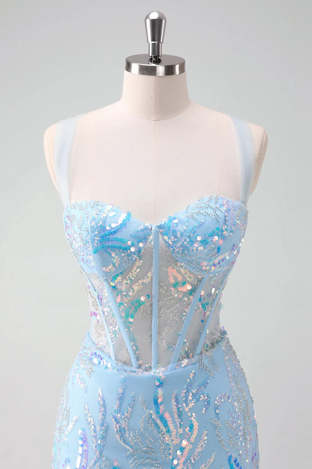 Sparkly Light Blue Spaghetti Straps Lace Up Back Corset Tight Homecoming Dress with Sequins