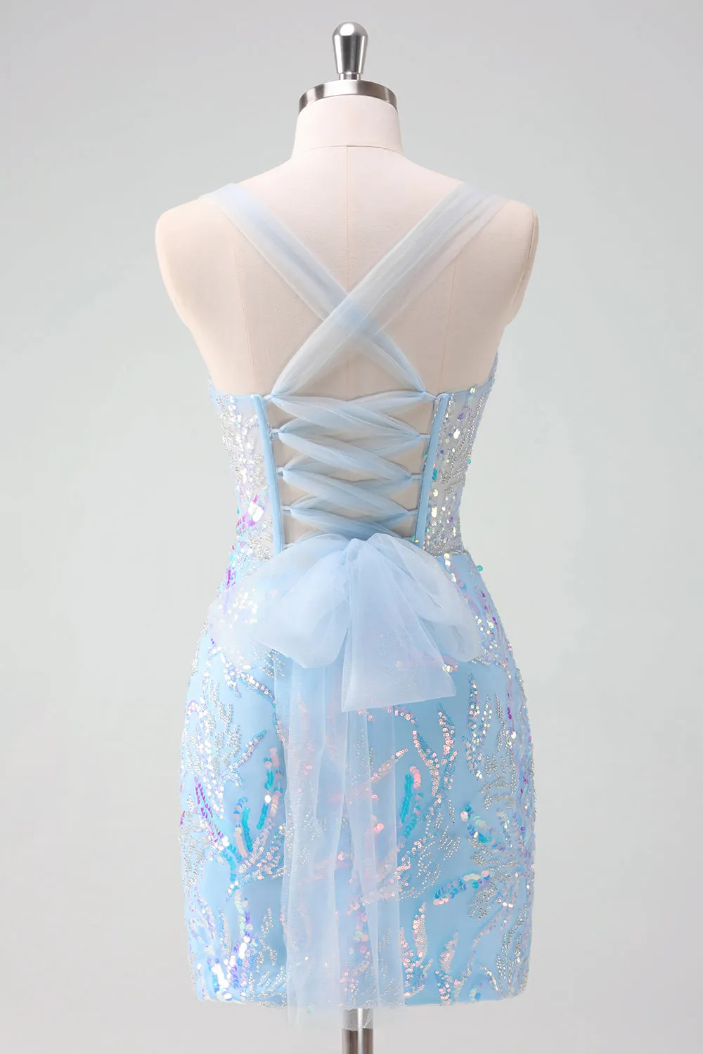 Sparkly Light Blue Spaghetti Straps Lace Up Back Corset Tight Homecoming Dress with Sequins