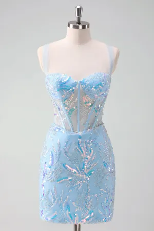 Sparkly Light Blue Spaghetti Straps Lace Up Back Corset Tight Homecoming Dress with Sequins