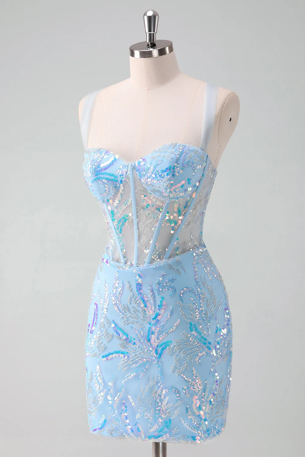 Sparkly Light Blue Spaghetti Straps Lace Up Back Corset Tight Homecoming Dress with Sequins