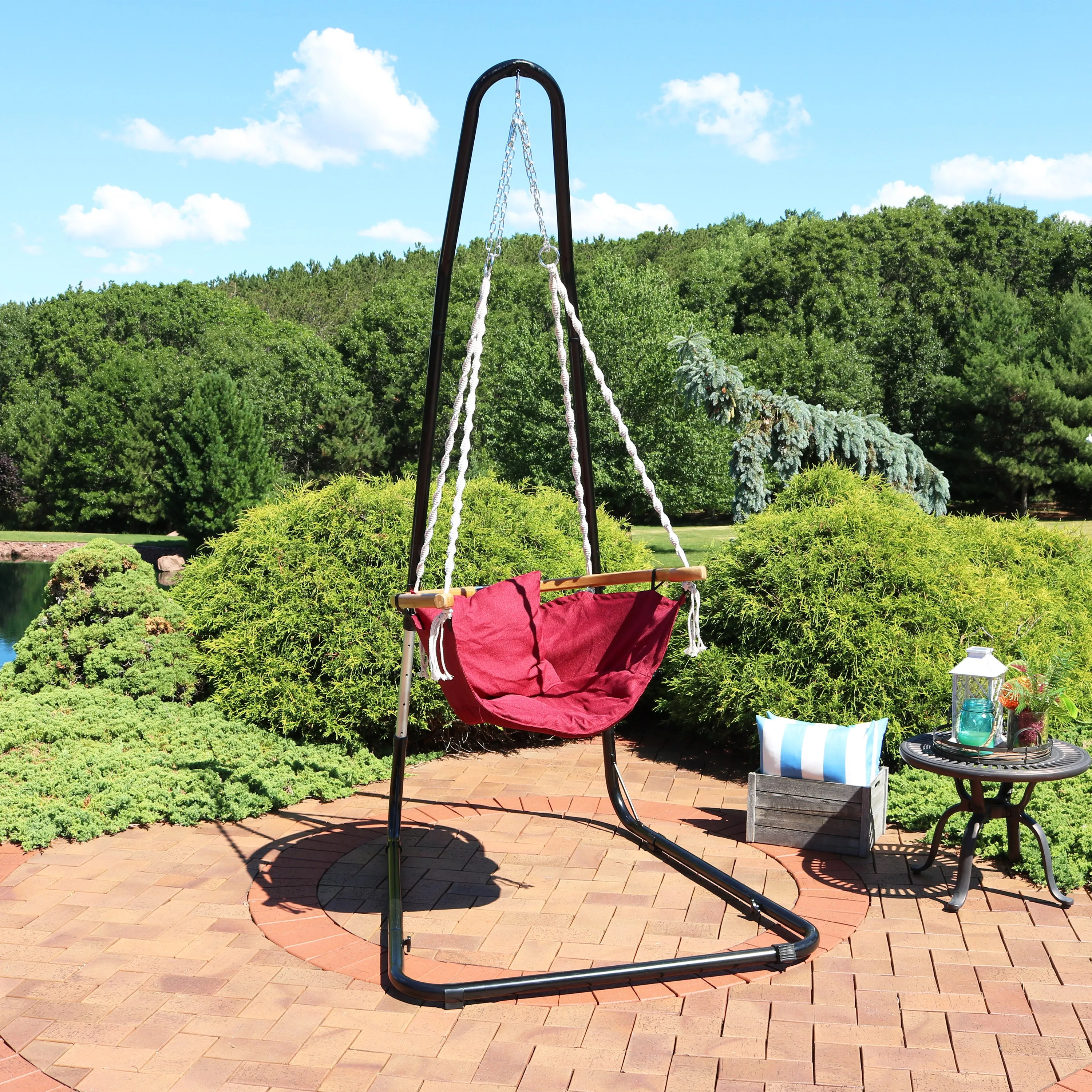 Sunnydaze Audrey Hammock Chair and Stand with Cushion and Armrest - Red