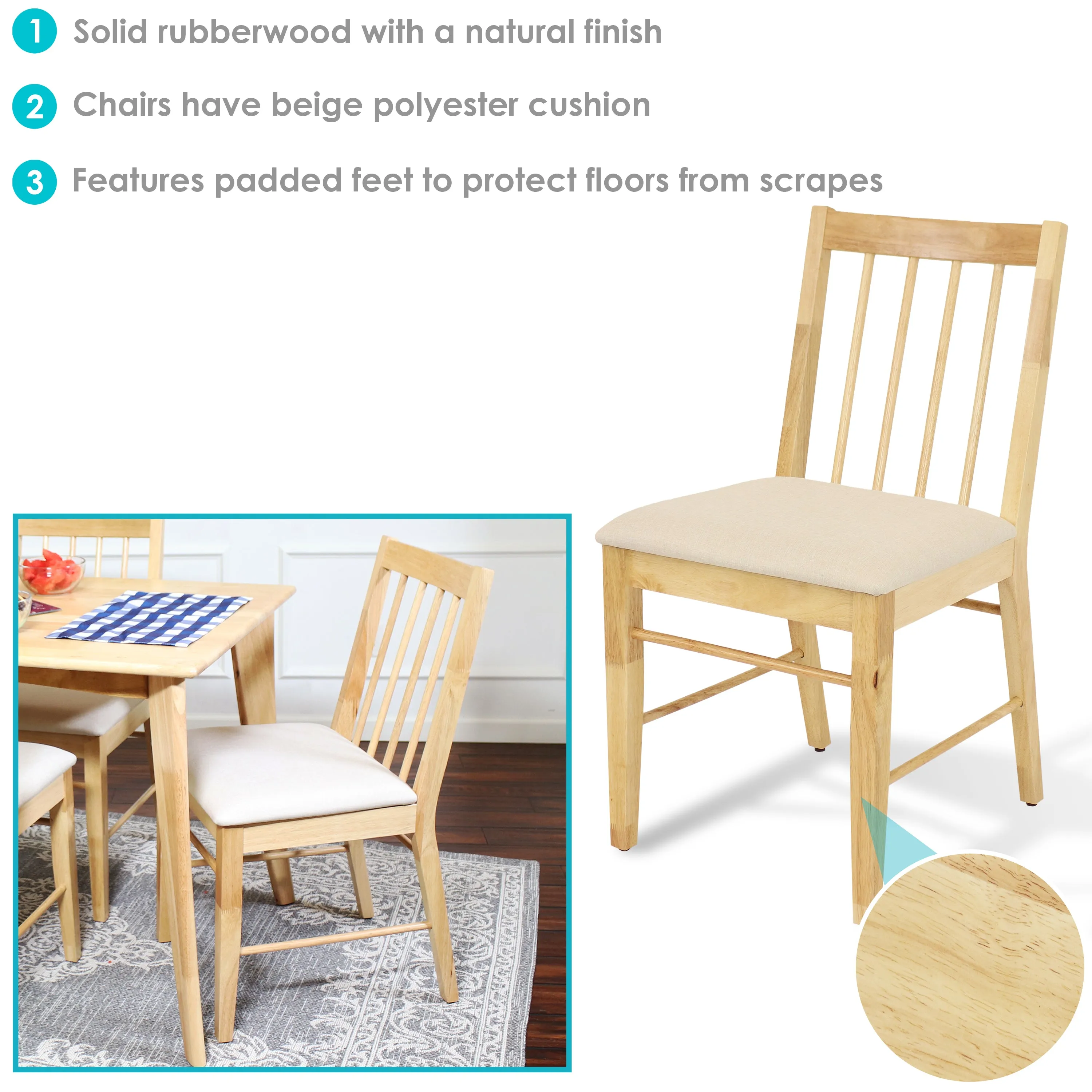 Sunnydaze Set of 2 Slat-Back Dining Chairs - Natural with Beige Cushions