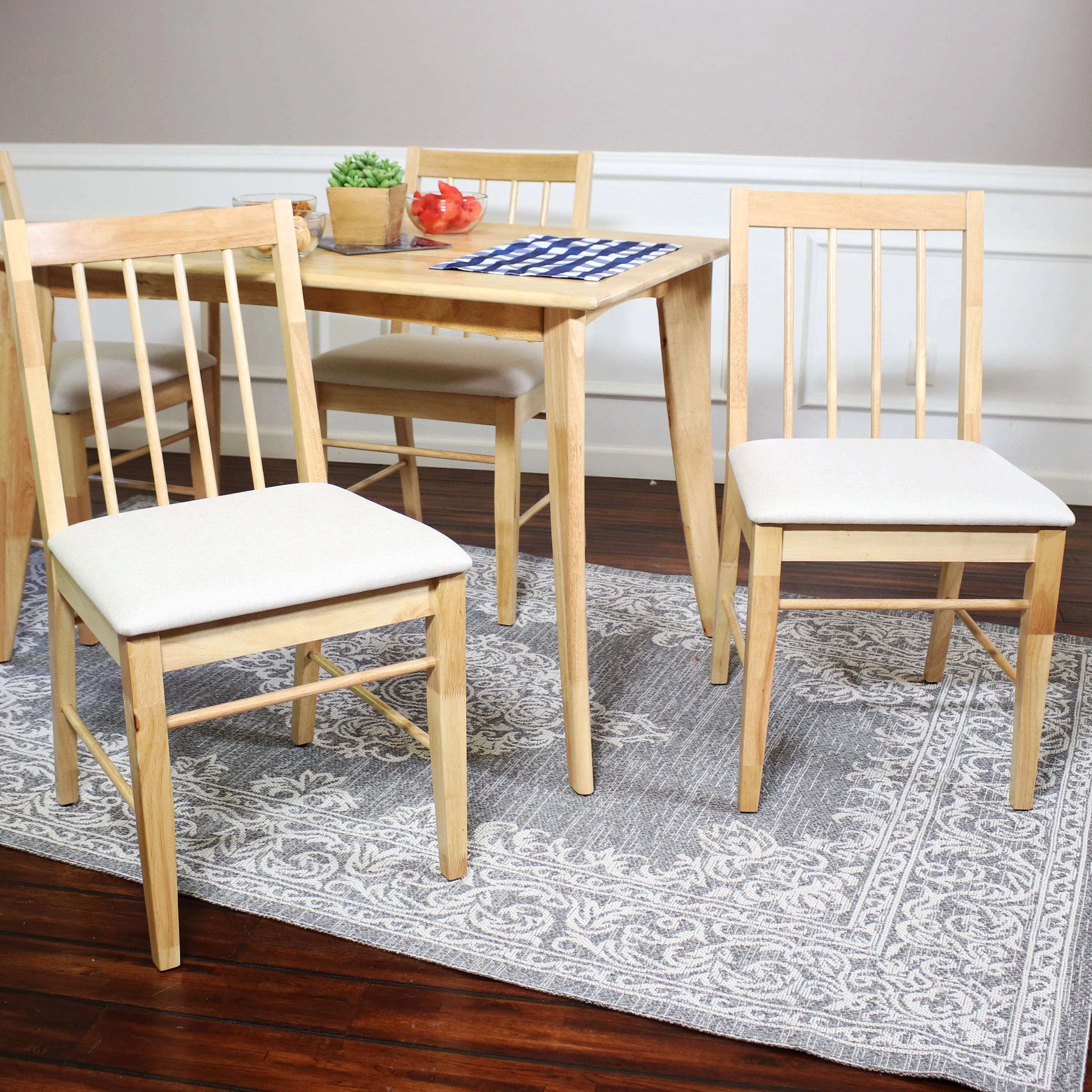 Sunnydaze Set of 2 Slat-Back Dining Chairs - Natural with Beige Cushions