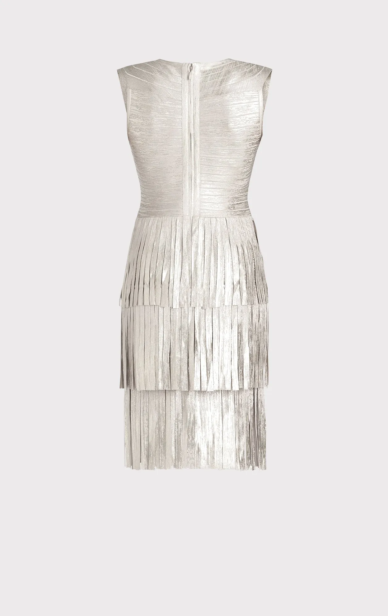 V NECK FOIL FRINGED MIDI DRESS