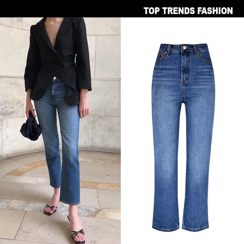 Women Fashion High Waisted Straight Leg Flare Bell Bottom Jeans