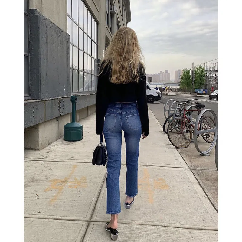 Women Fashion High Waisted Straight Leg Flare Bell Bottom Jeans