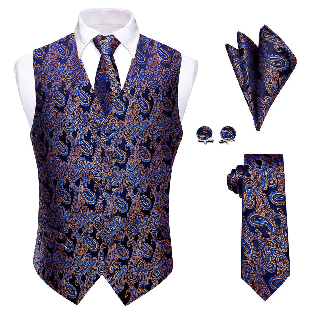 YourTies Black Blue Paisley Pattern Waistcoat Vest Necktie Set for Men