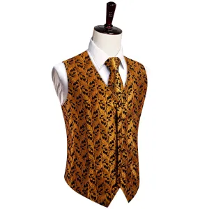 YourTies Orange Top Black Men Rust Orange Jacquard Floral V-Neck Vest Tie Set