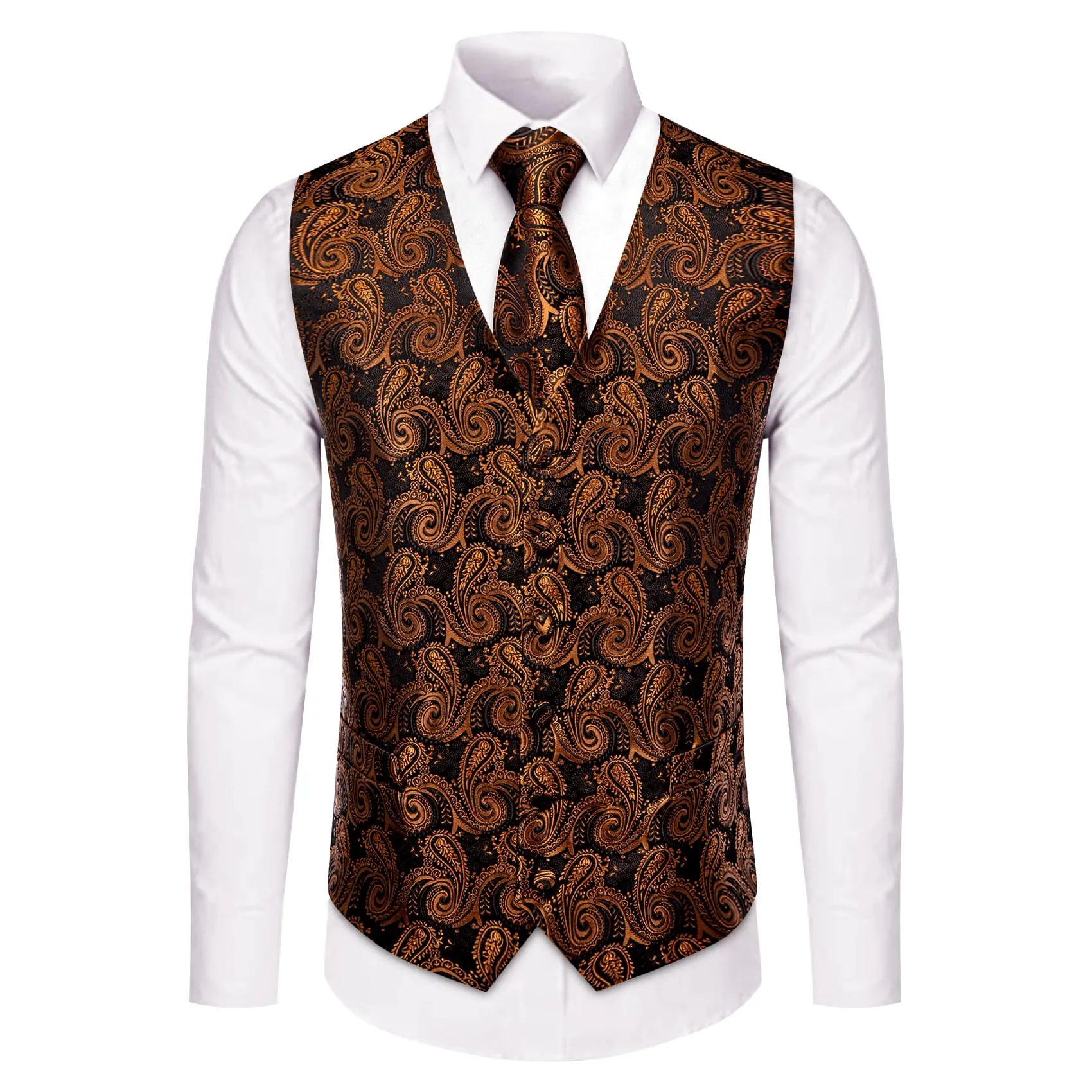 YourTies Paisley Vest Rust Orange Jacquard Black V-Neck Vest Tie Set