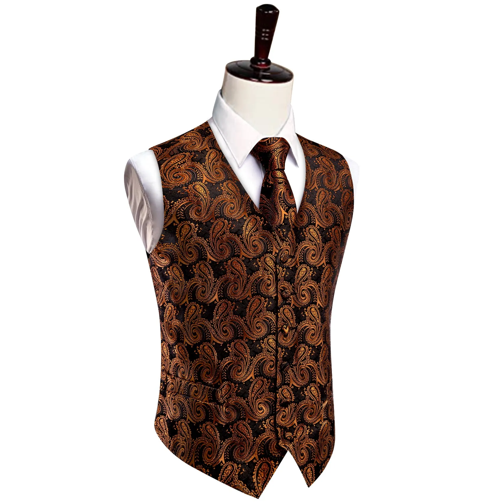 YourTies Paisley Vest Rust Orange Jacquard Black V-Neck Vest Tie Set