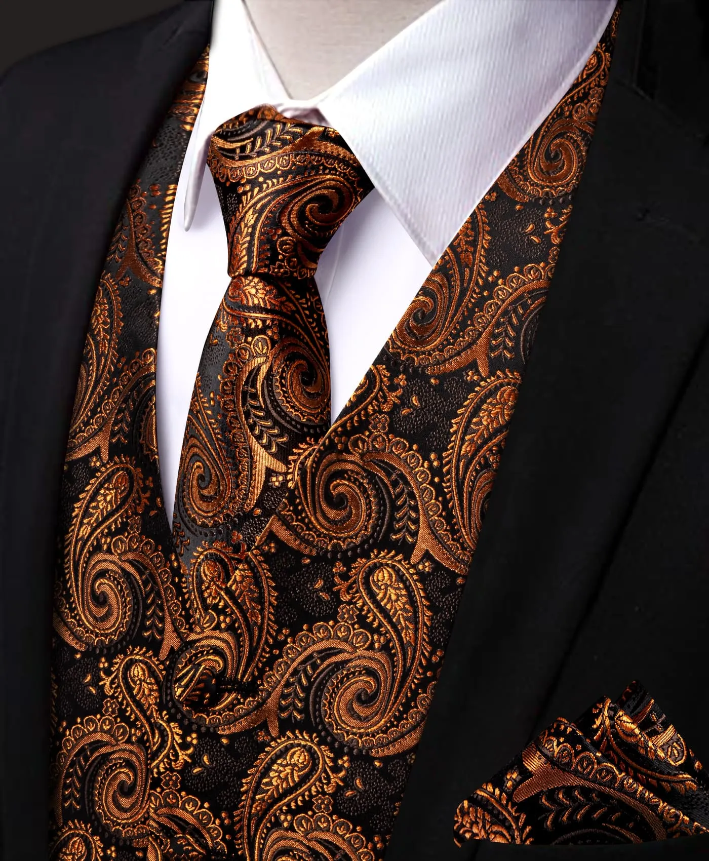 YourTies Paisley Vest Rust Orange Jacquard Black V-Neck Vest Tie Set