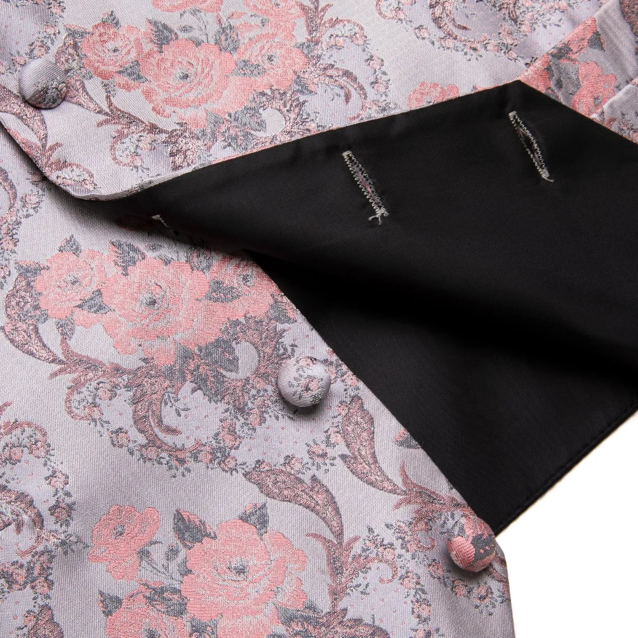 YourTies Pink Silver Floral Silk Mens Vest Necktie Hanky Cufflinks Set